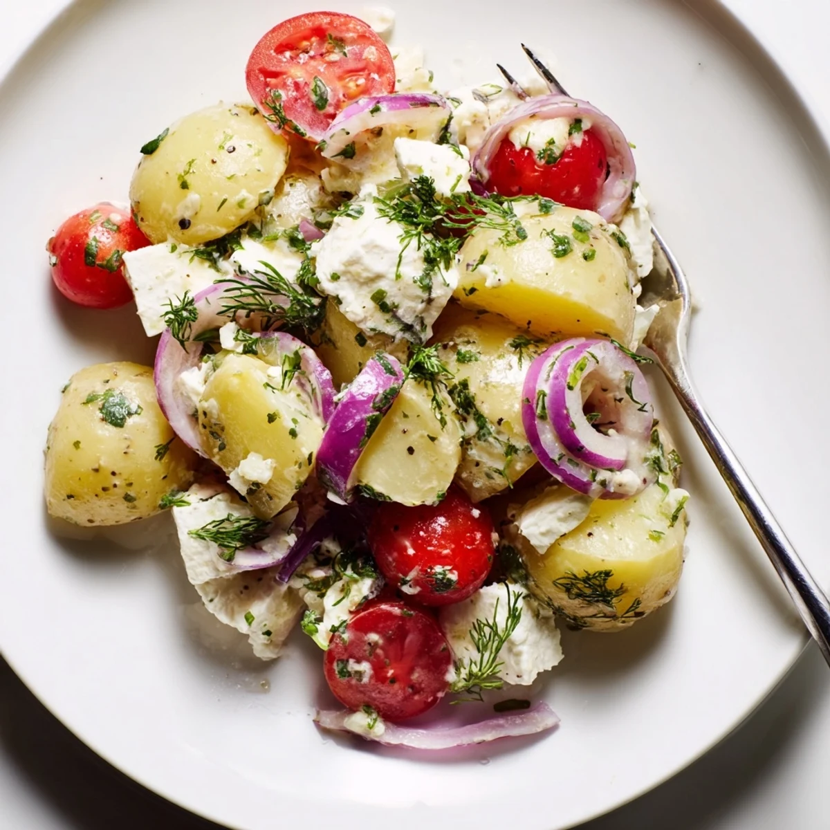 Warm potato and feta salad with cherry tomatoes, red onion, and dill