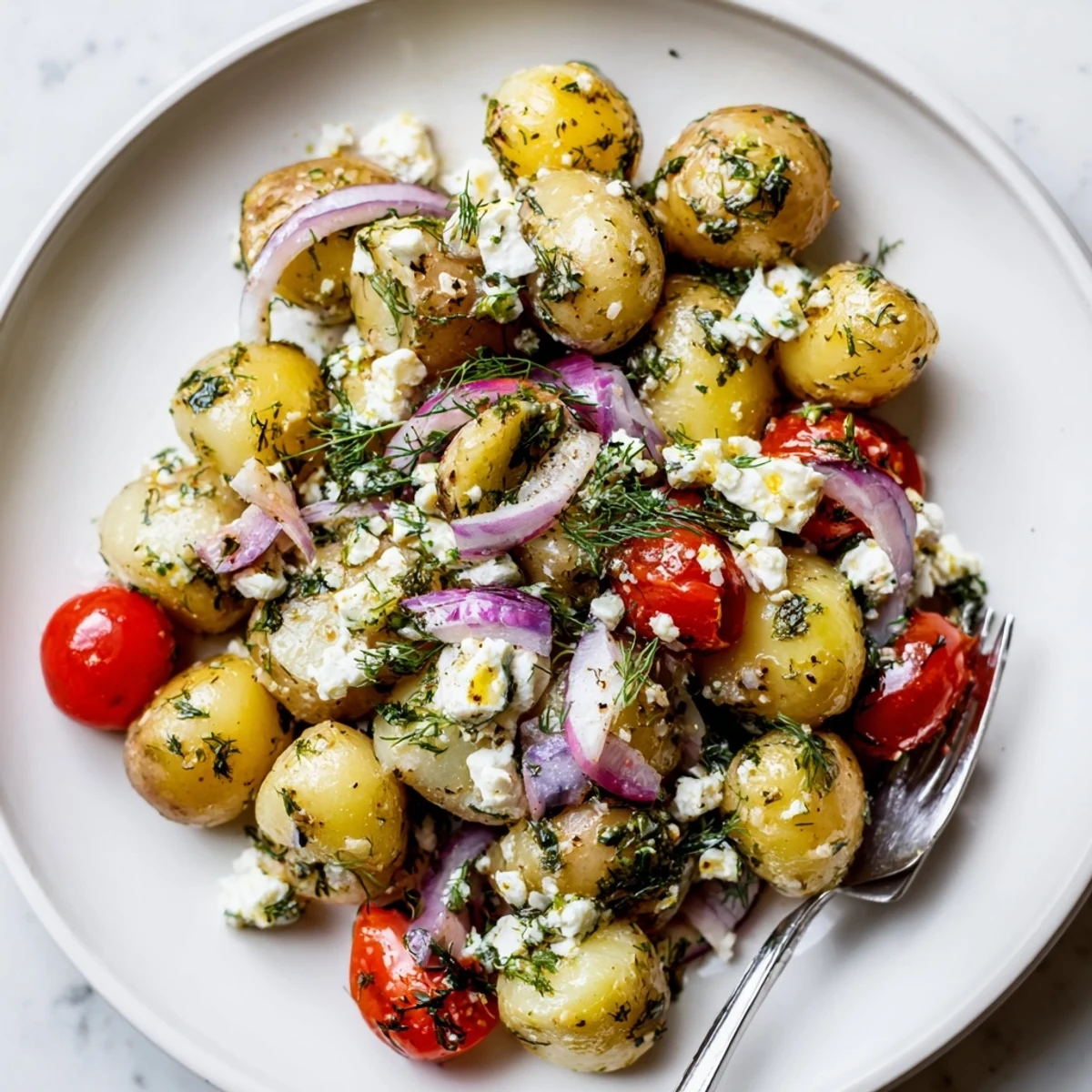 Bite-sized potatoes tossed with tangy lemon dressing in this potato and feta salad