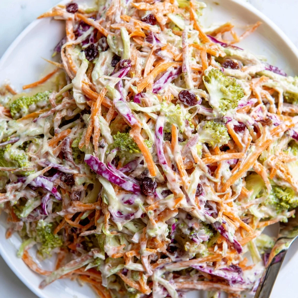 Creamy broccoli slaw tossed with cranberries and sunflower seeds in a tangy dressing