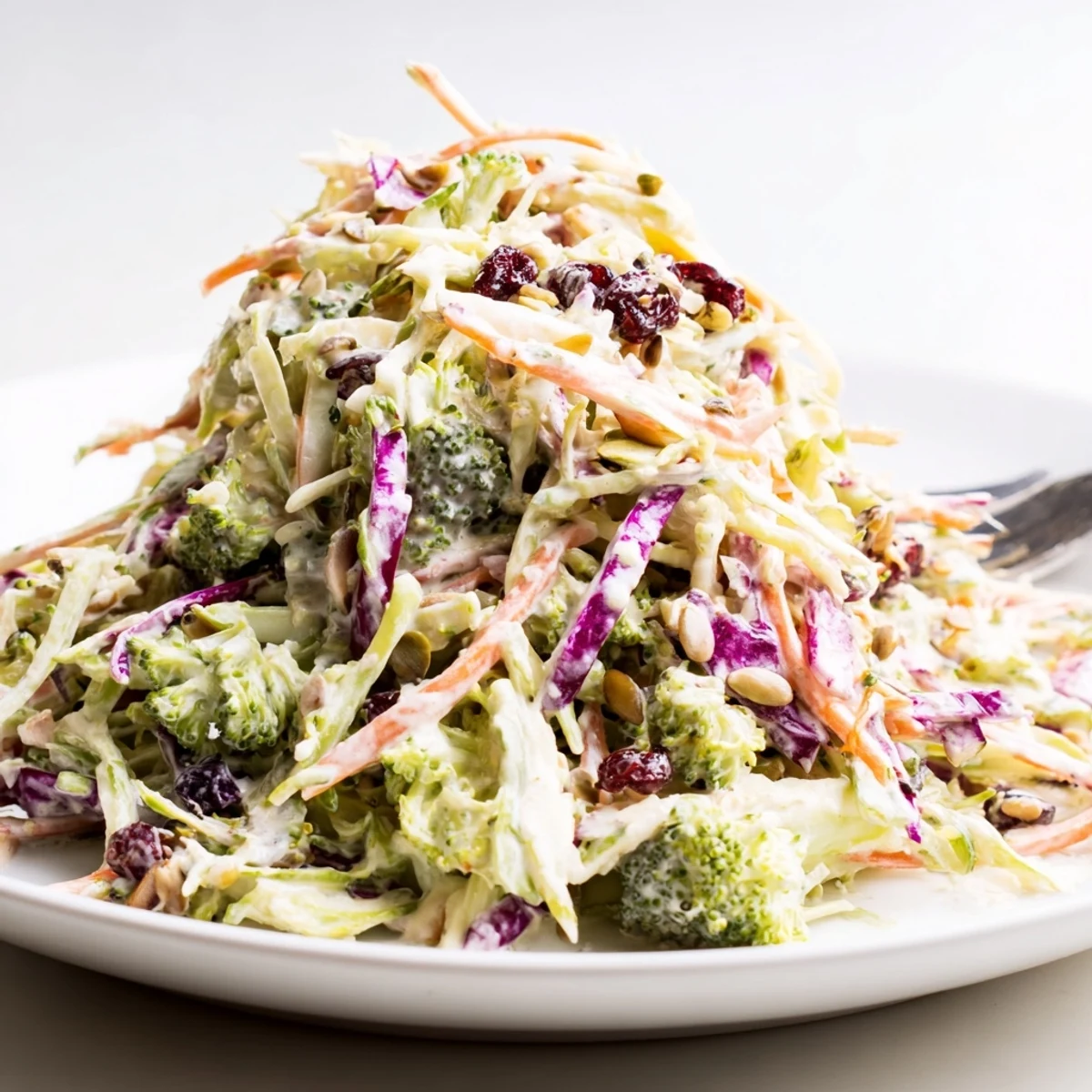 Vibrant broccoli slaw with shredded carrots and red cabbage coated in creamy dressing