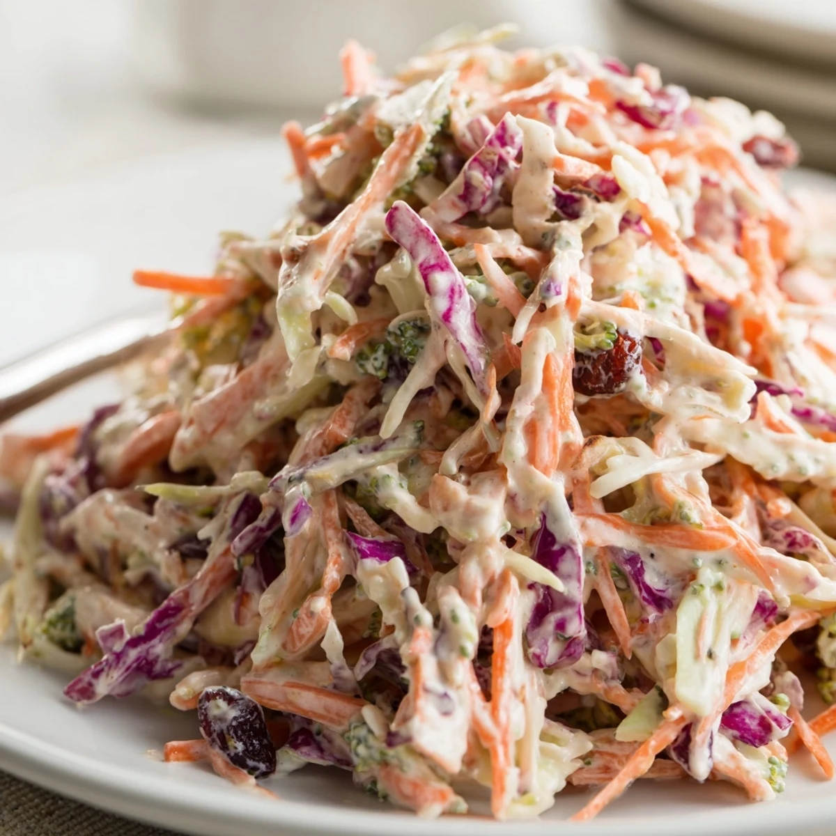 Chilled broccoli slaw studded with dried cranberries and crunchy almonds, ready to serve