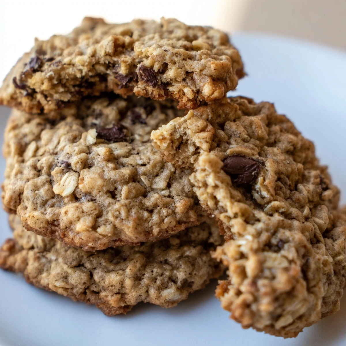 Golden chewy banana oatmeal cookies with chocolate chips on a rustic baking sheet