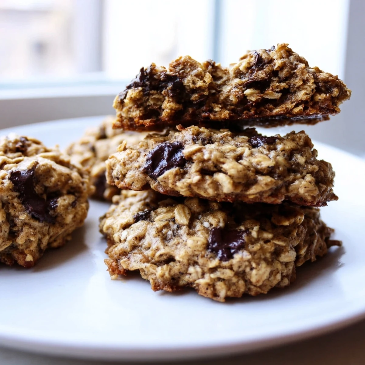Chewy banana oatmeal cookies with visible oats and cracked golden tops on parchment paper