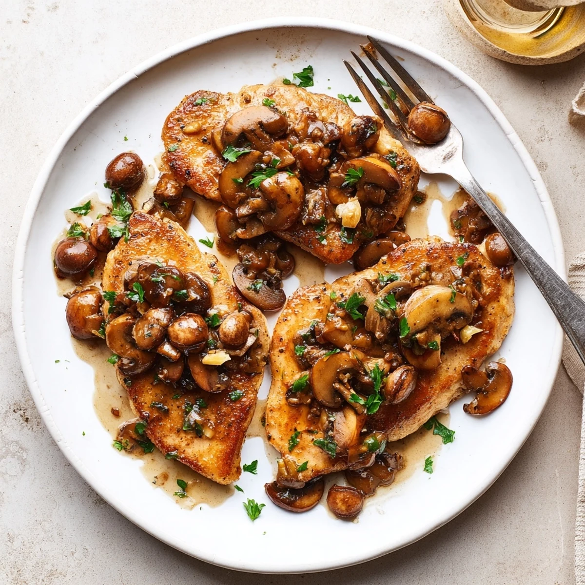 Golden pan-seared dairy free Chicken Marsala smothered in savory mushroom wine sauce
