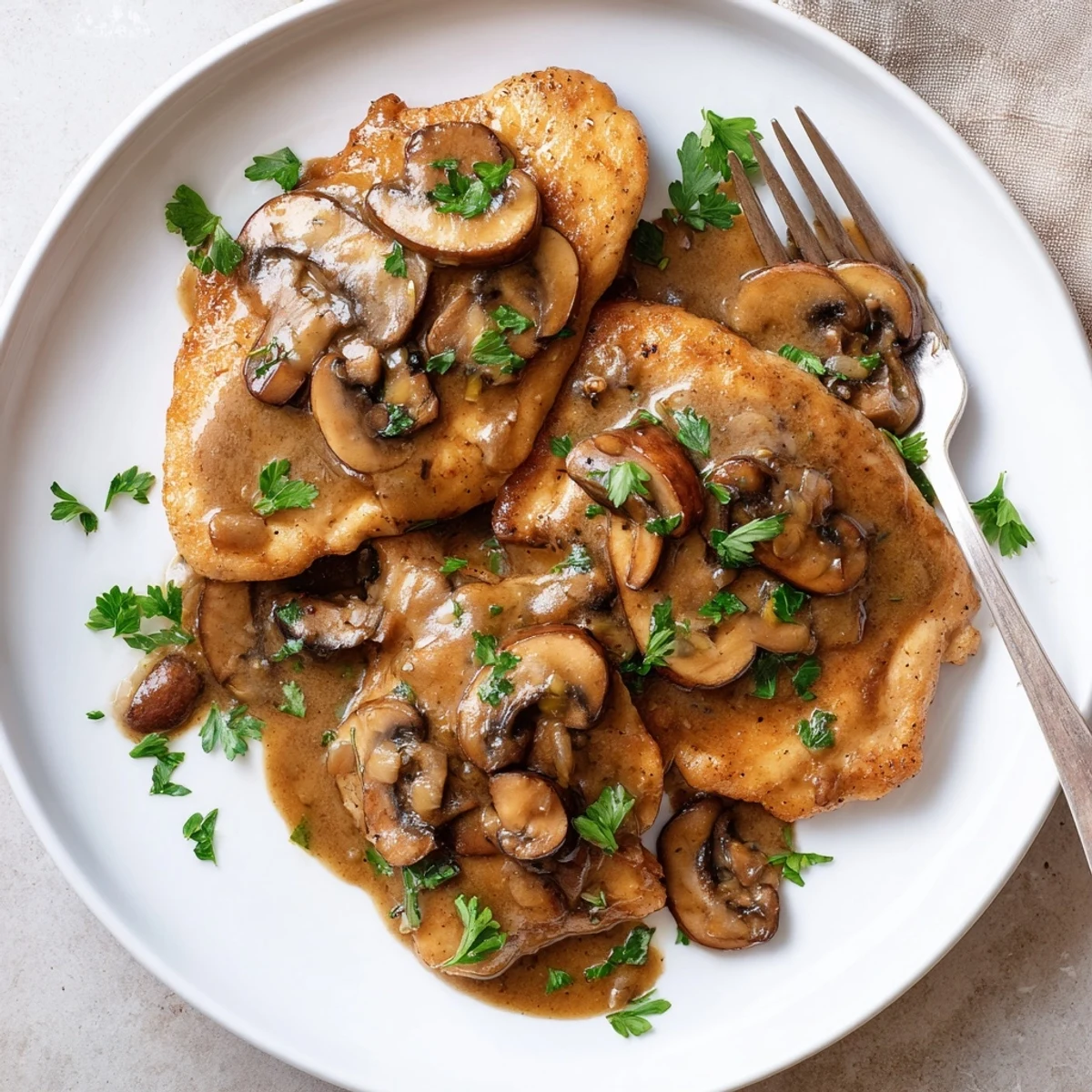 Creamy-style dairy free Chicken Marsala with earthy cremini mushrooms served over warm pasta