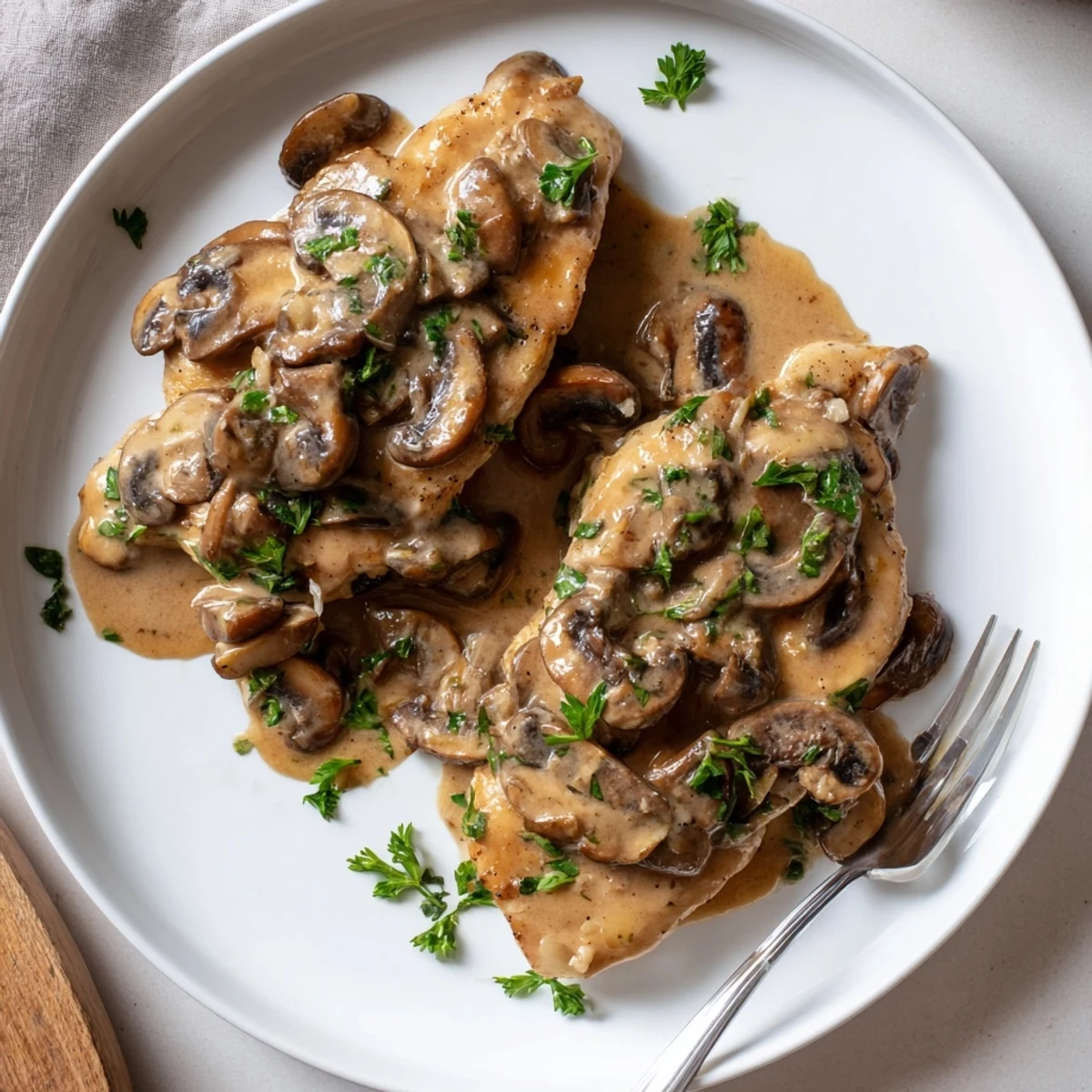 Tender breaded dairy free Chicken Marsala resting in a rich reduced Marsala glaze