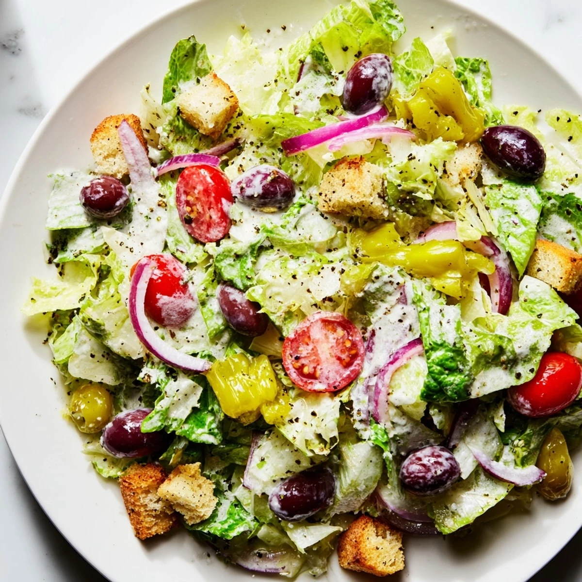 Crisp Olive Garden Salad topped with juicy tomatoes, olives, and creamy Parmesan dressing