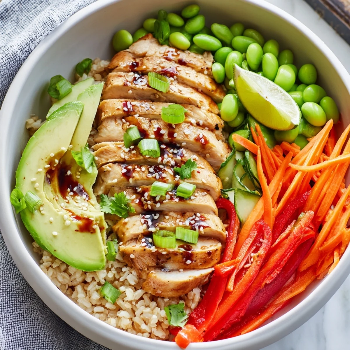 Asian Inspired Chicken Power Bowl with colorful crisp vegetables and sesame drizzle
