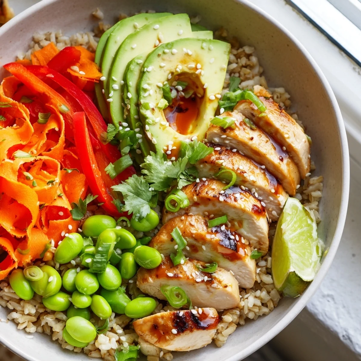 Asian Inspired Chicken Power Bowl served over brown rice with fresh cilantro