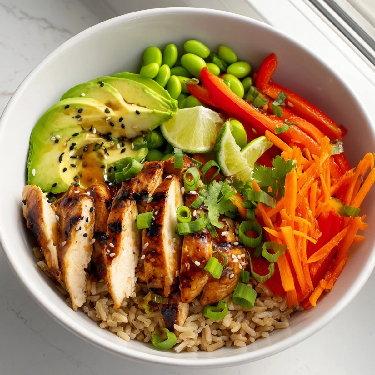 Asian Inspired Chicken Power Bowl topped with sliced avocado and juicy grilled chicken