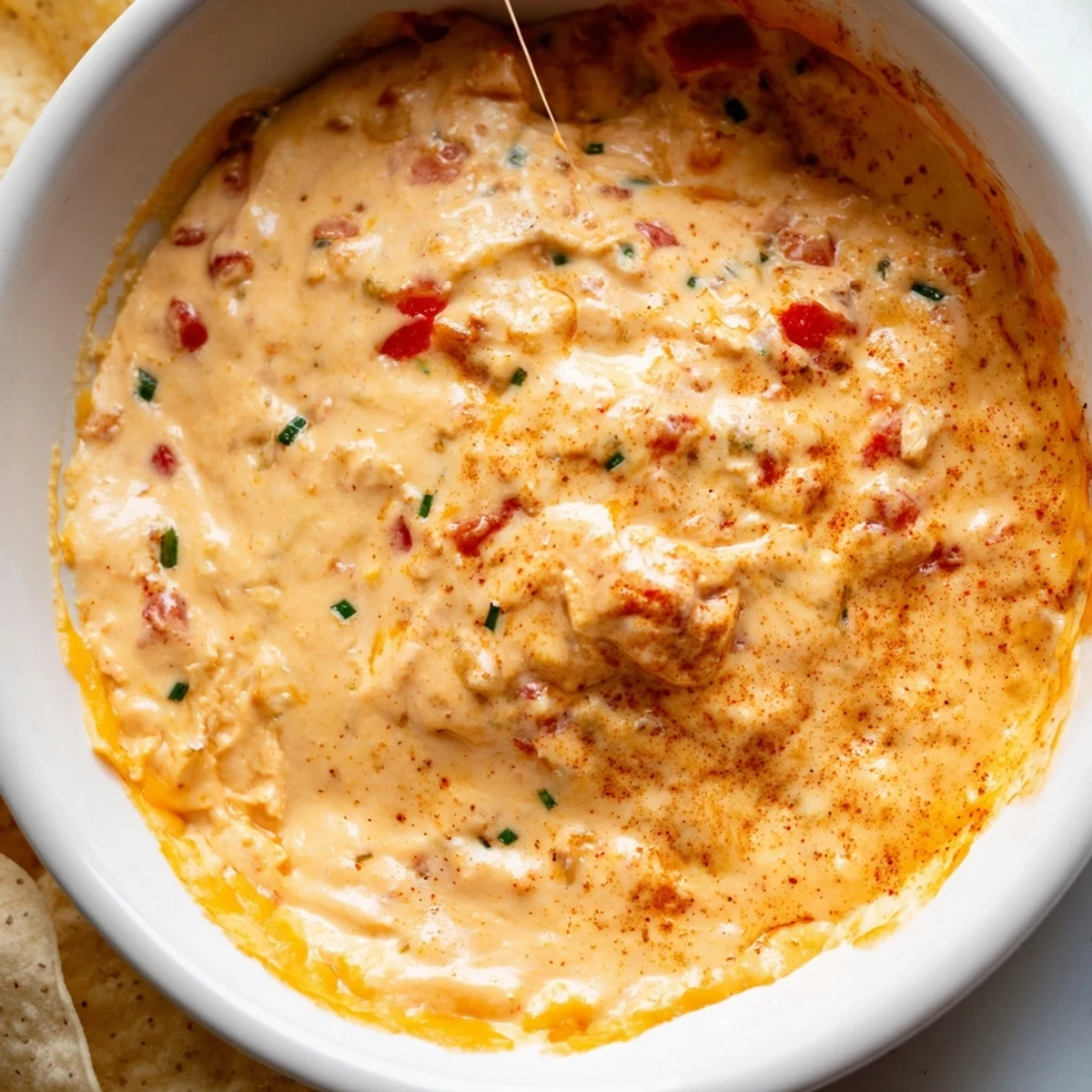 Warm cheese dip in a bowl surrounded by crispy tortilla chips ready for dipping