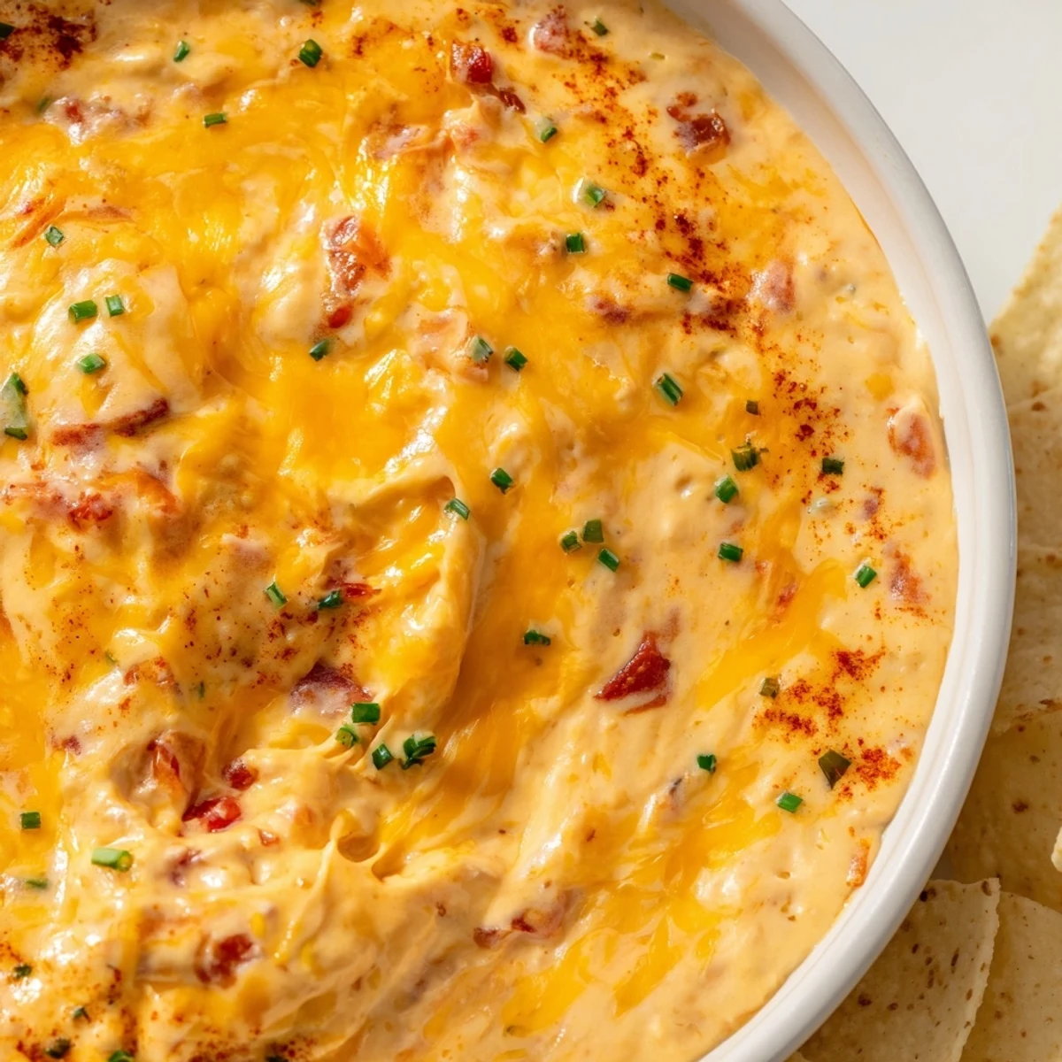 Creamy cheese dip topped with diced tomatoes and jalapeños in a rustic bowl