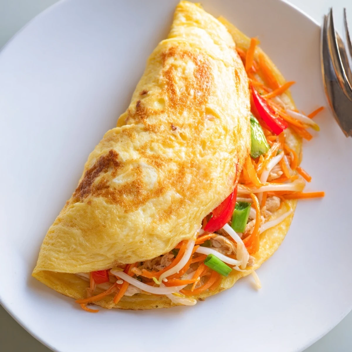Golden Chinese omelette folded over crisp vegetables and tender shredded chicken