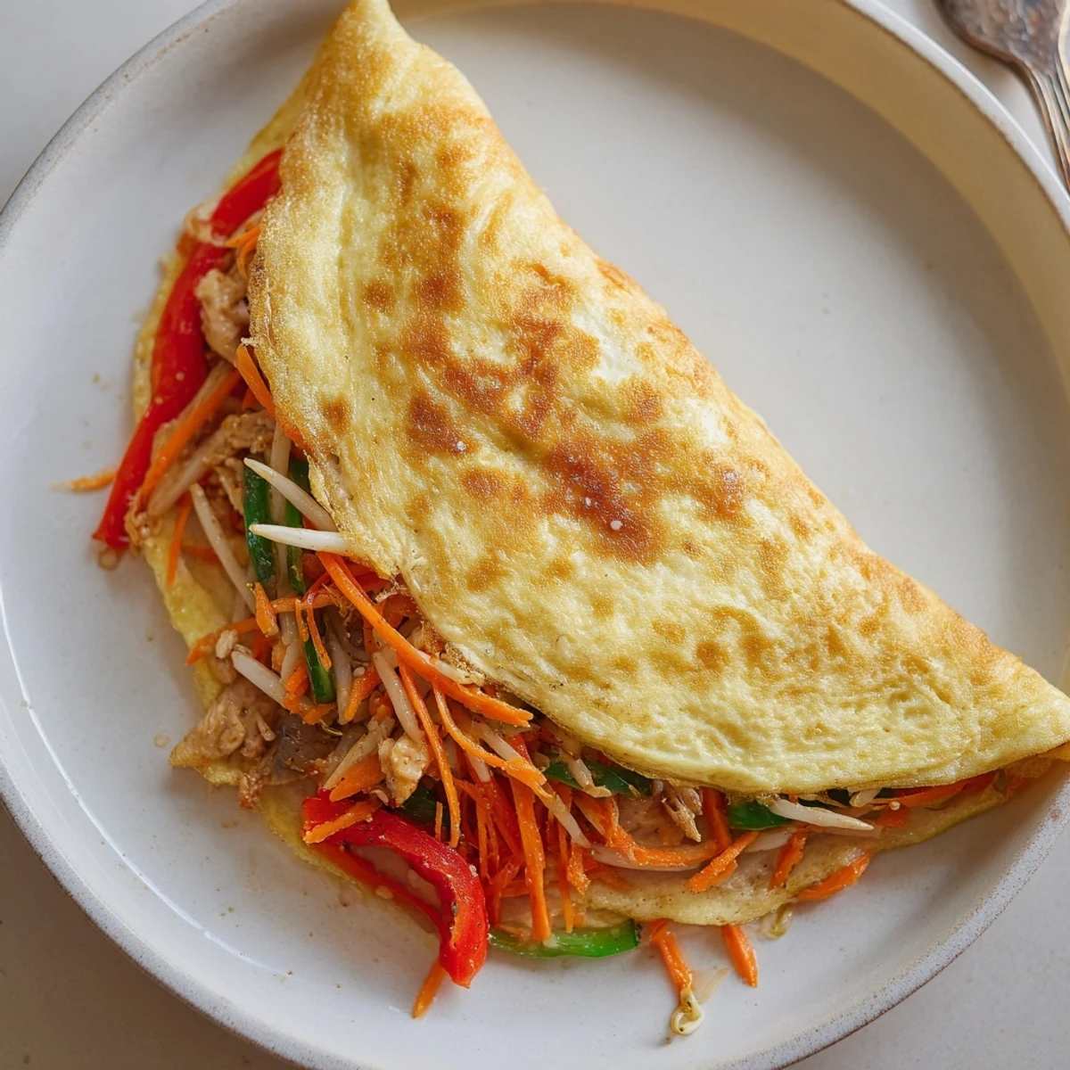Savory Chinese omelette filled with julienned carrots and chicken served steaming hot