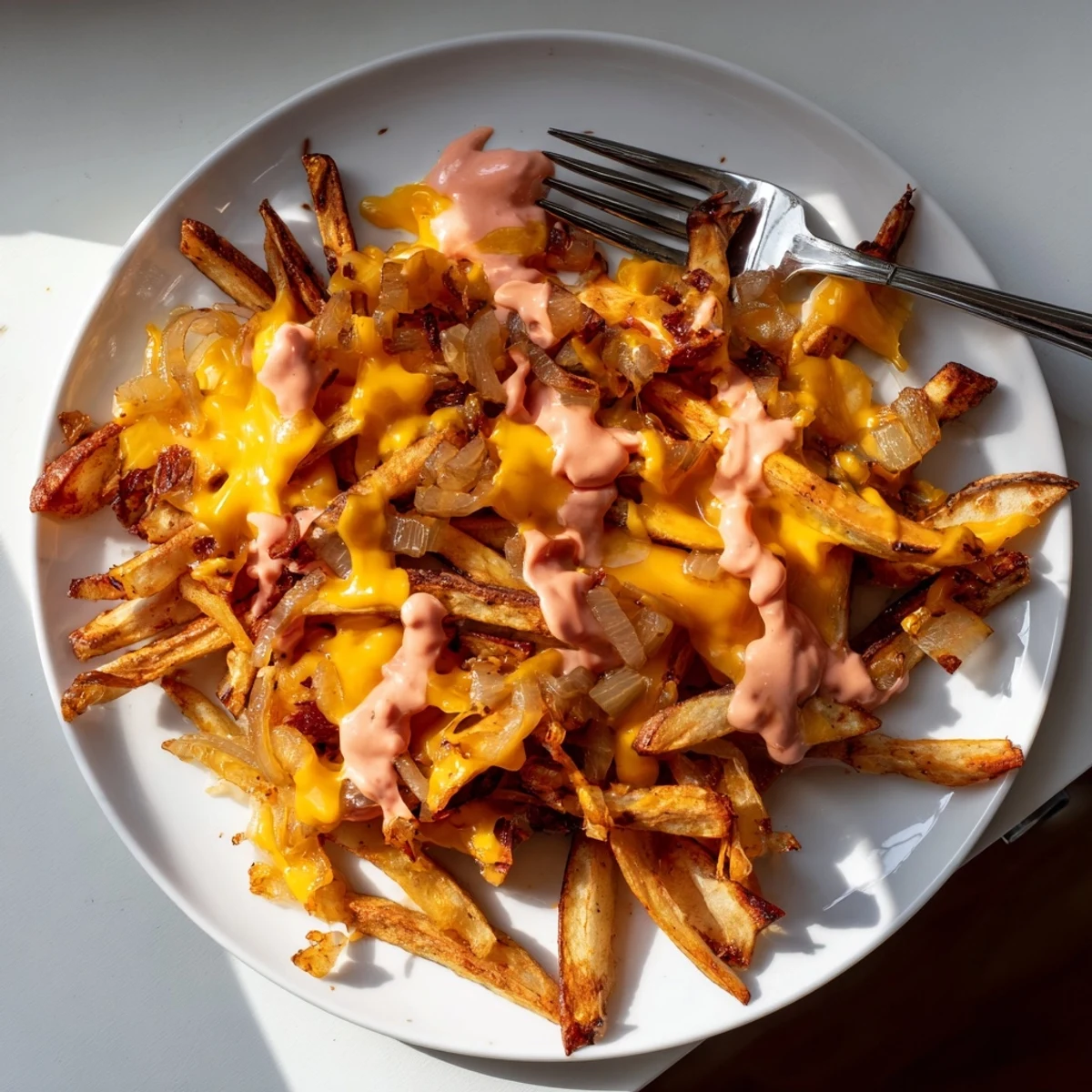 Golden crispy Animal Style fries loaded with melted cheese and caramelized onions on a platter
