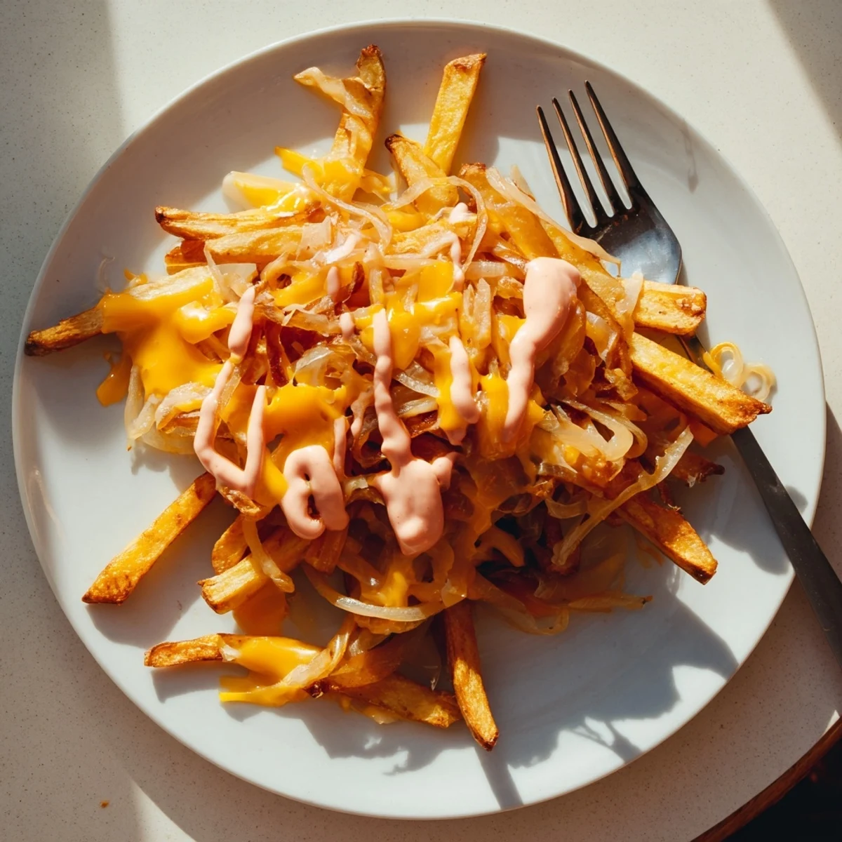 Steaming plate of Animal Style fries topped with gooey cheese and rich special sauce