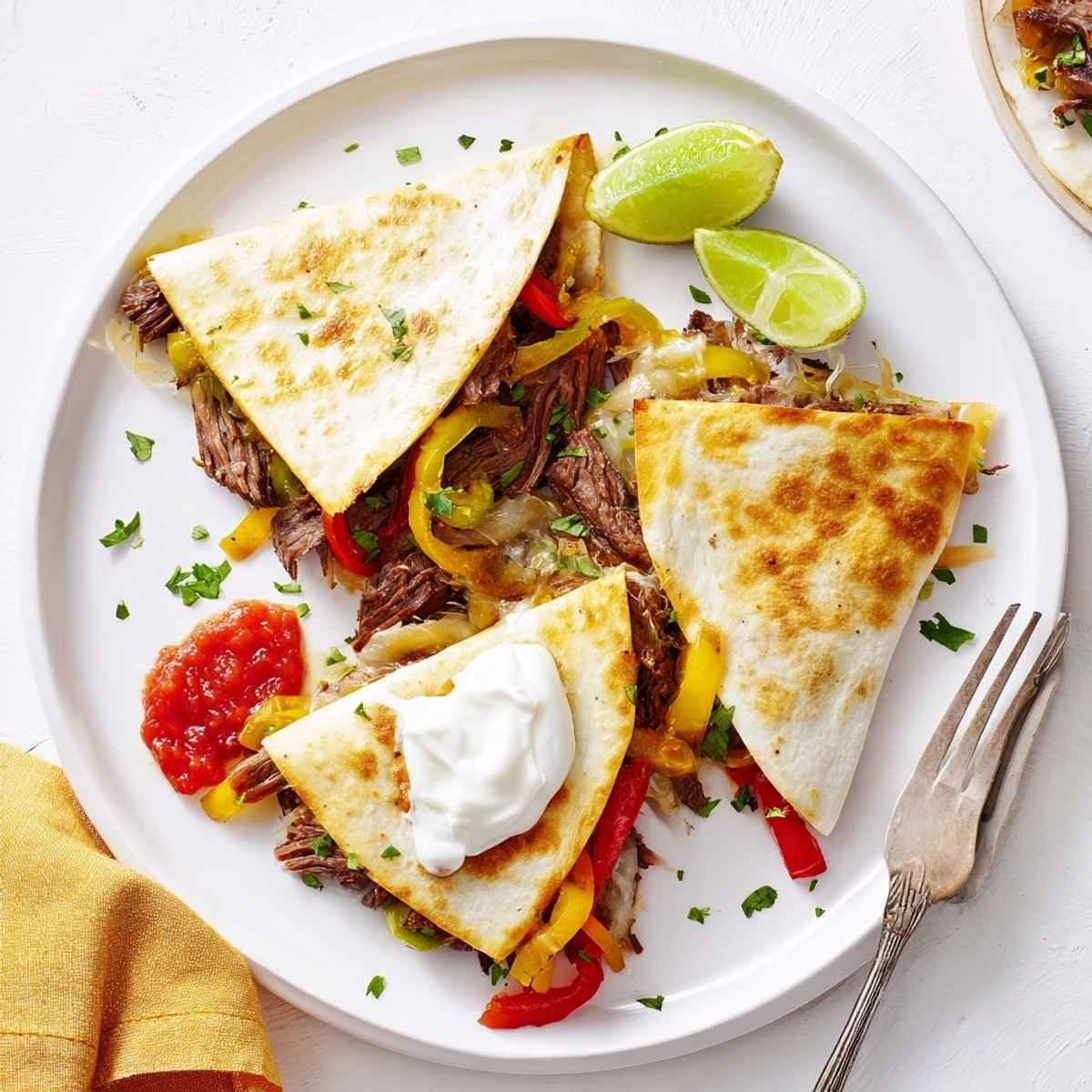 Crispy golden steak quesadillas oozing with melted cheese and colorful sautéed peppers