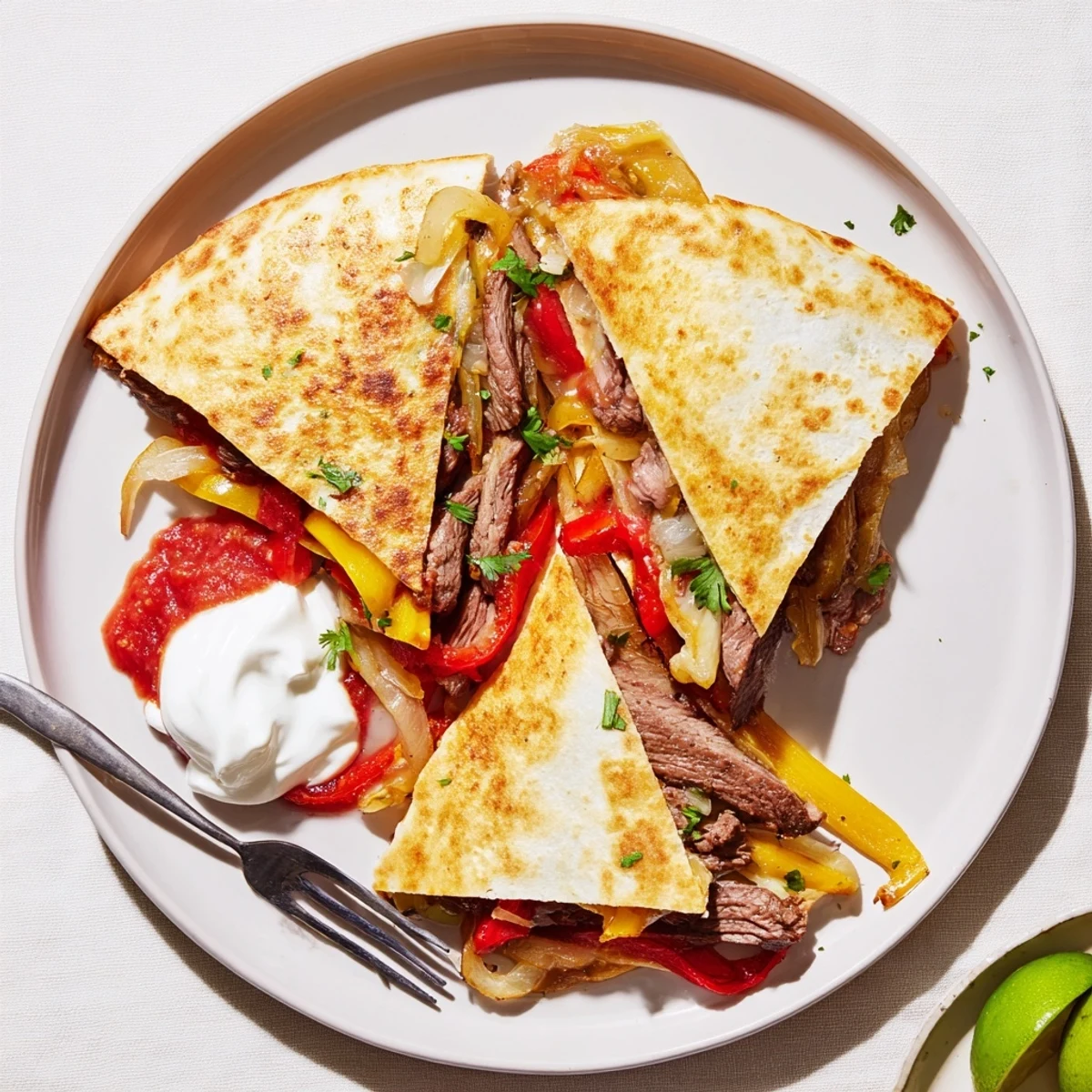 Juicy grilled steak quesadillas cut into wedges served with sour cream and lime