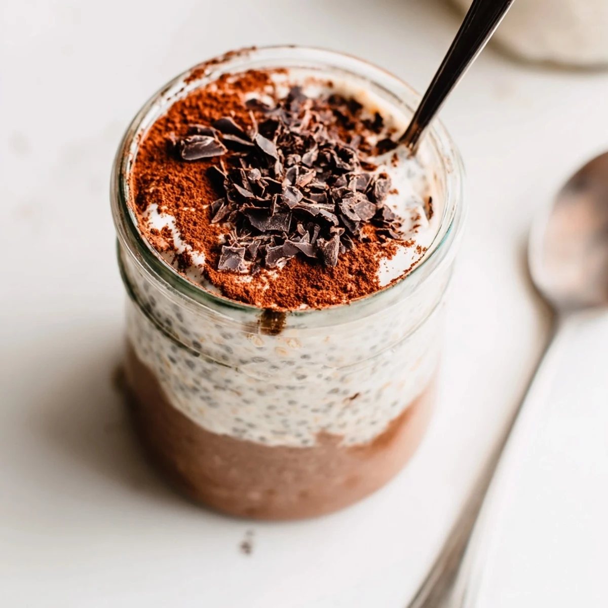 Coffee-infused tiramisu overnight oats served chilled in mason jars with a generous cocoa topping