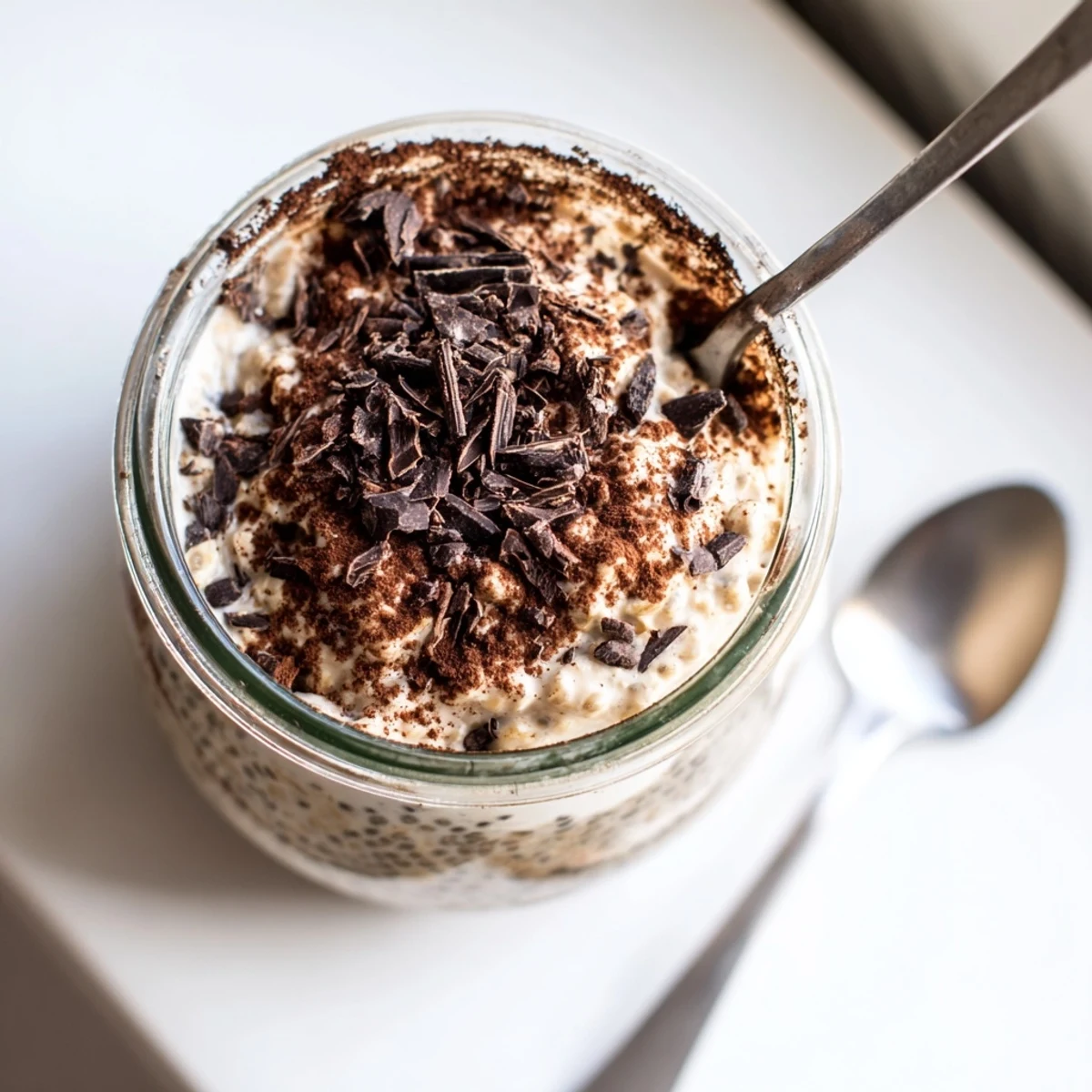 Rich tiramisu overnight oats topped with chocolate shavings and a velvety mascarpone swirl