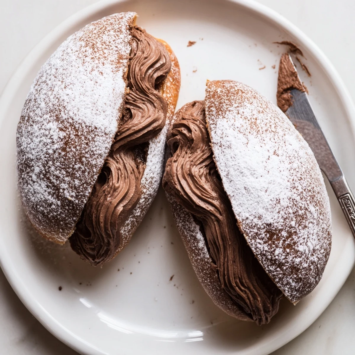 Italian Chocolate Maritozzi with pillowy chocolate whipped cream spilling from split cocoa buns
