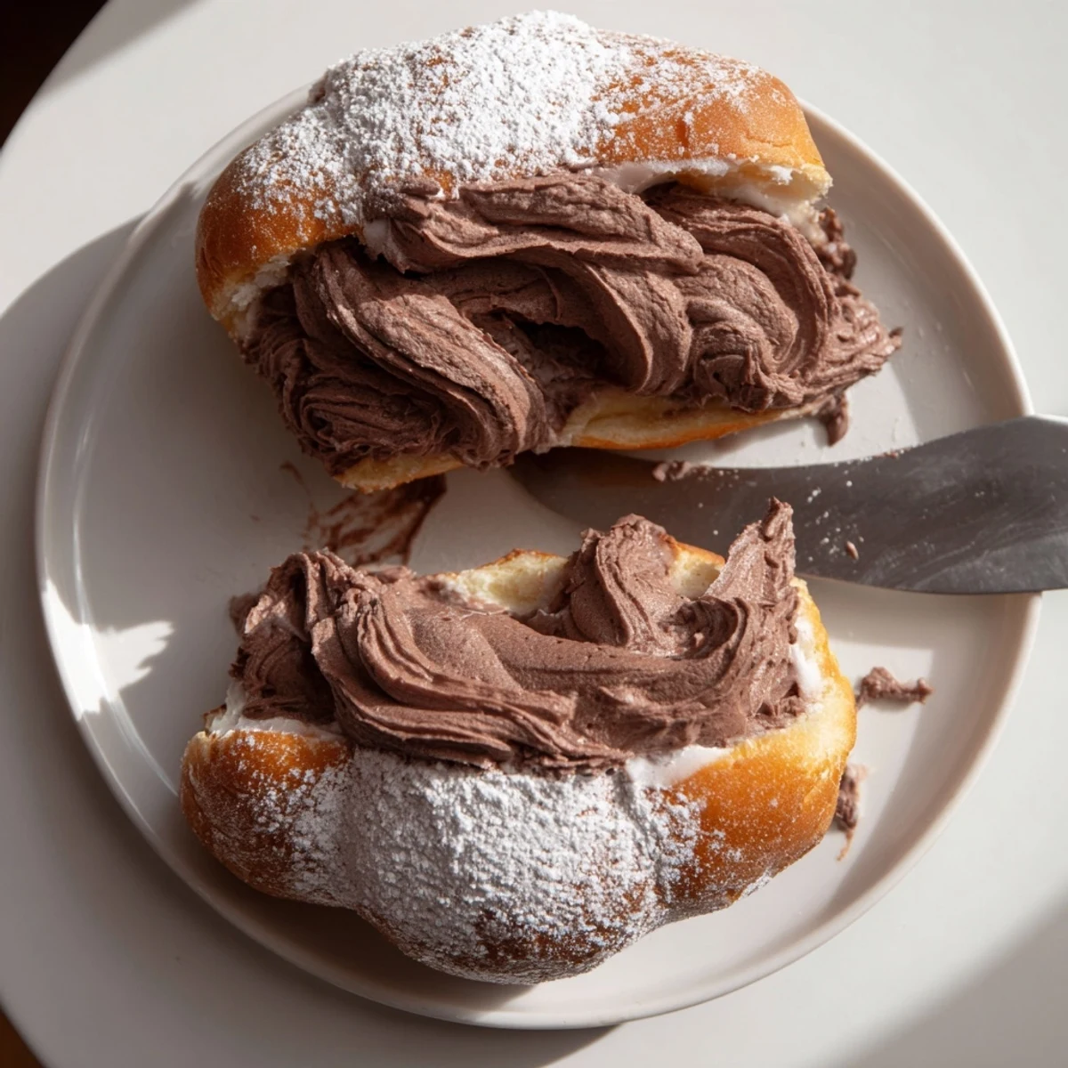 Golden brown Italian Chocolate Maritozzi dusted with powdered sugar on a rustic baking sheet