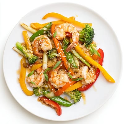 Quick Shrimp Stir Fry served in a hot wok with crunchy snap peas and carrots, garnished with sesame seeds.
