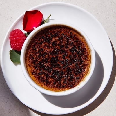 A close-up of Chocolate Crème Brûlée for Valentines Day highlights the crackly, golden sugar crust over rich chocolate custard. 