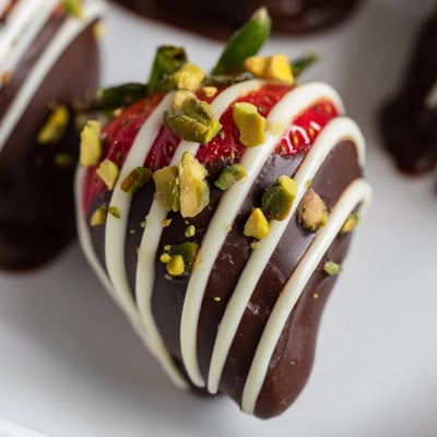 Freshly dipped chocolate covered strawberries garnished with pistachios, perfect for a romantic dessert platter.