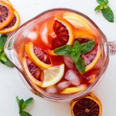 Cold blood orange lemonade over ice cubes, garnished with lemon slices, ready to serve at a festive gathering.