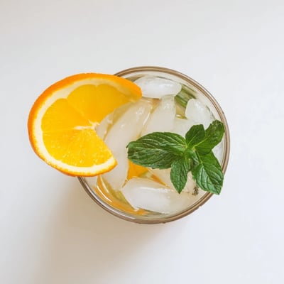 The Refreshing Coconut Orange Glow is poured over ice in a clear glass, garnished with fresh mint leaves and a lime wedge nearby.