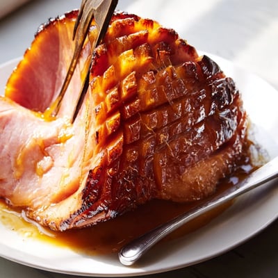 Whole Baked Ham with Maple Dijon Glaze on a serving platter, garnished with herbs and ready for holiday carving.