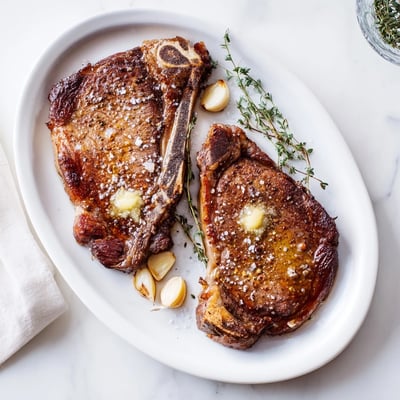 Pan Seared Ribeye Steak resting on a cutting board with visible herb butter drips and a caramelized crust ready to slice.