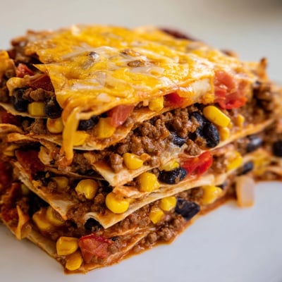 Mexican lasagna layered with seasoned beef beans corn and gooey melted cheese