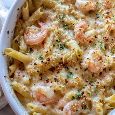 Creamy shrimp scampi pasta bake scooped from a cheesy oven-toasted baking dish