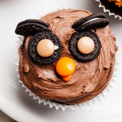 Oreo Owl Cupcakes topped with creamy cookie eyes nestled on a festive dessert table