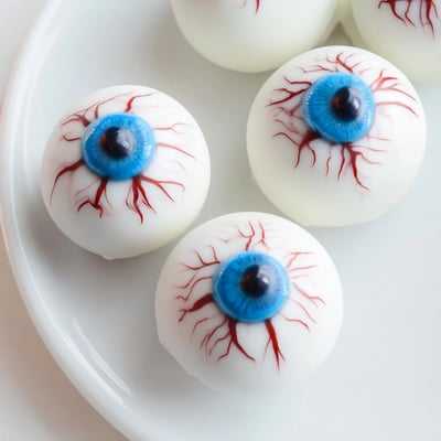Round Halloween Cake Eyeballs coated in white chocolate with colorful iris details