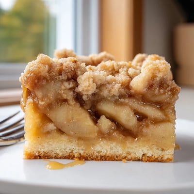 Caramel apple crumb bars sliced to reveal tender cinnamon apple filling and gooey caramel